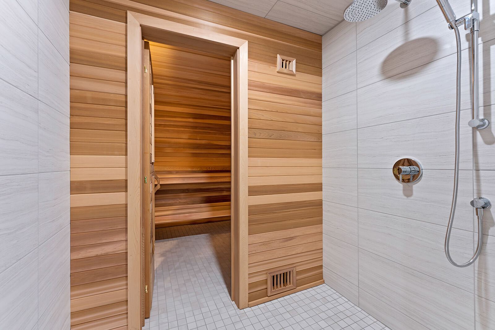 Custom Home Shower & Connecting Sauna Design