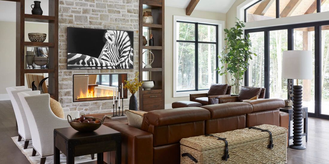 Custom Living Room Design With Leather Couch and Fireplace